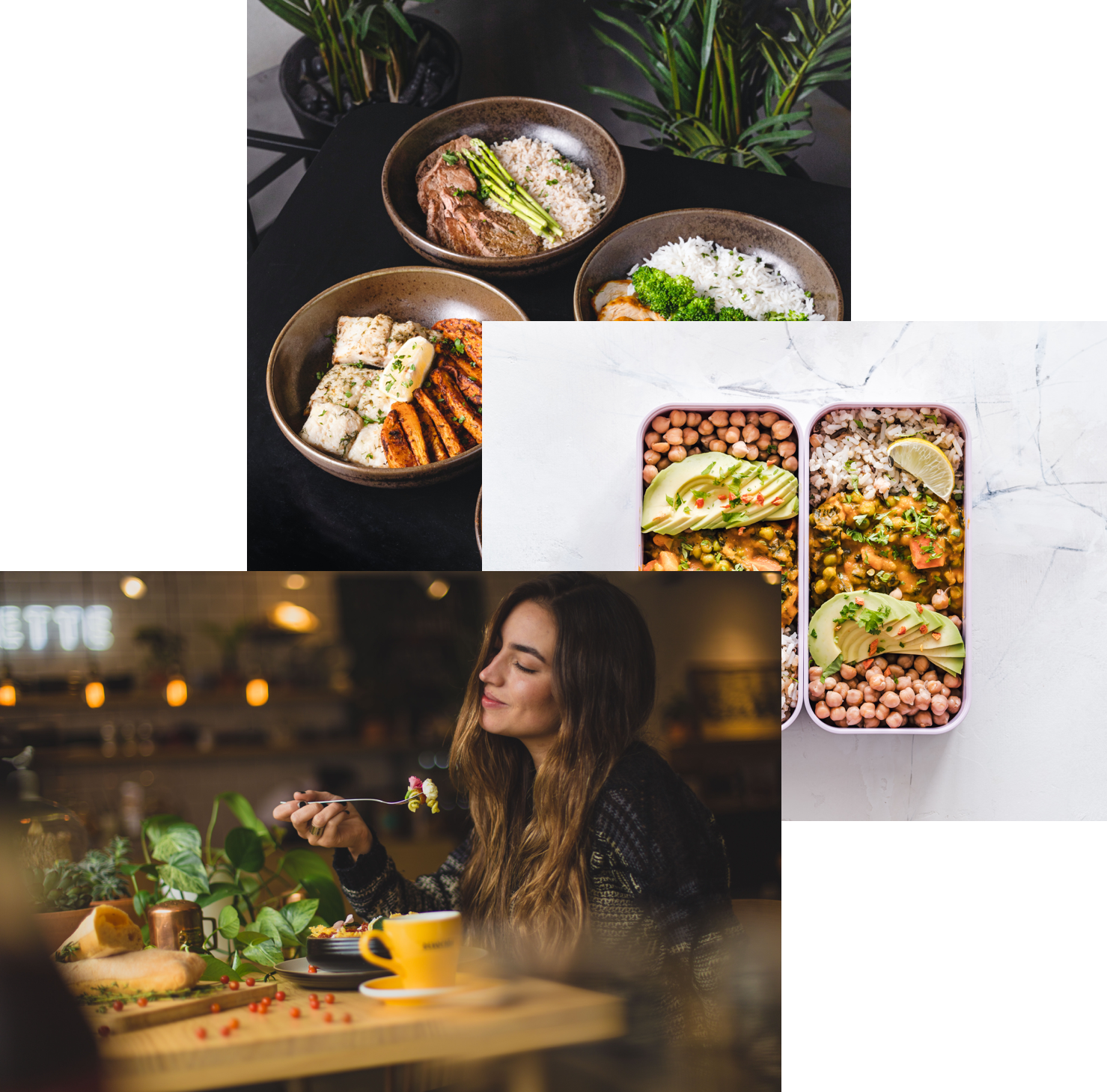 Woman enjoying food, meals in storage container,
       and food bowls on a table